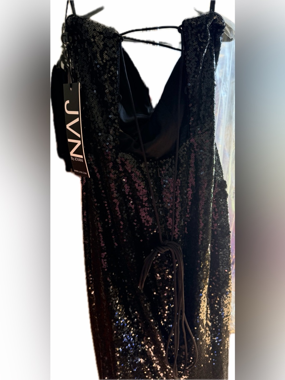 JVN by Jovani Black Sequin Spaghetti Strap Slit Gown - Picture 6 of 7